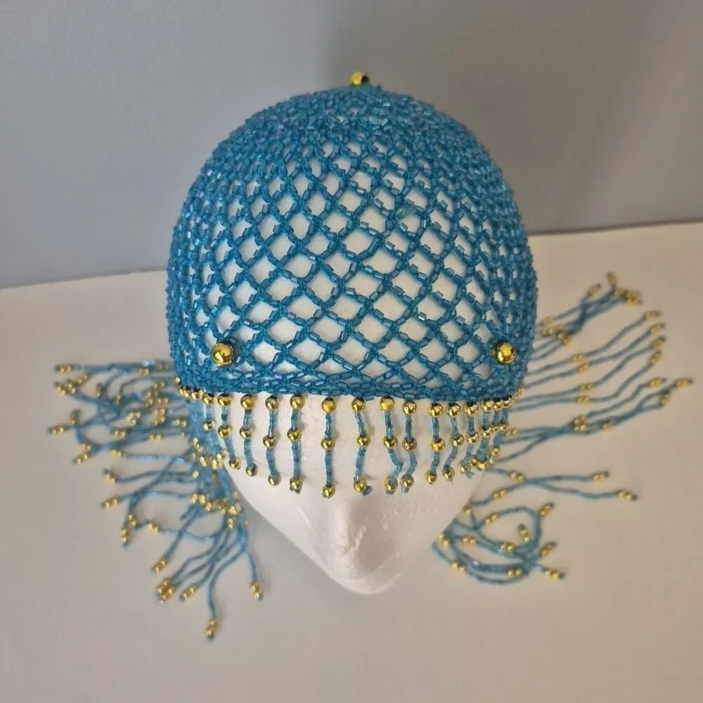 Egyptian Cleopatra Flapper Turquoise Gold Beaded Crochet Head Cap Costume Piece